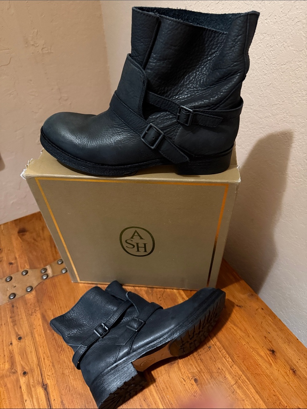 Ash Black Leather Moto Ankle Boots